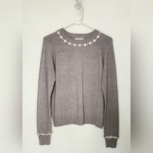 LIV Milano NWT Grey Sweater w/Pearl & Crystal Floral Embellishments. Size M